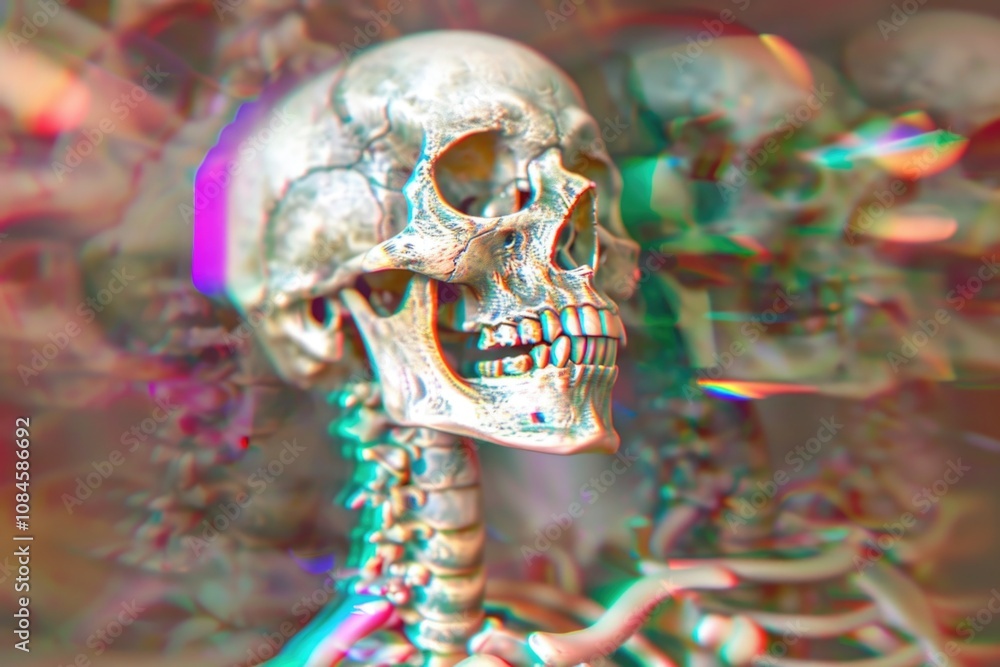 Poster a close-up view of a skeleton's face with a colorful background