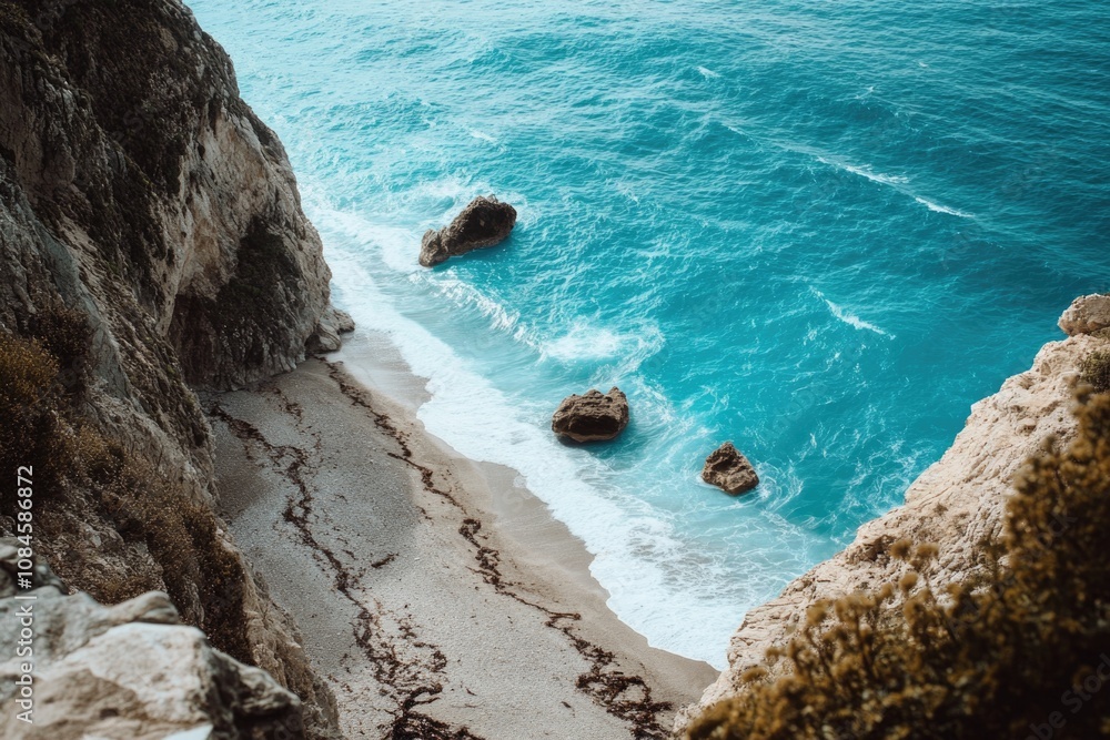 Poster panoramic view of the ocean from the top of a cliff, perfect for use in travel or nature related pro