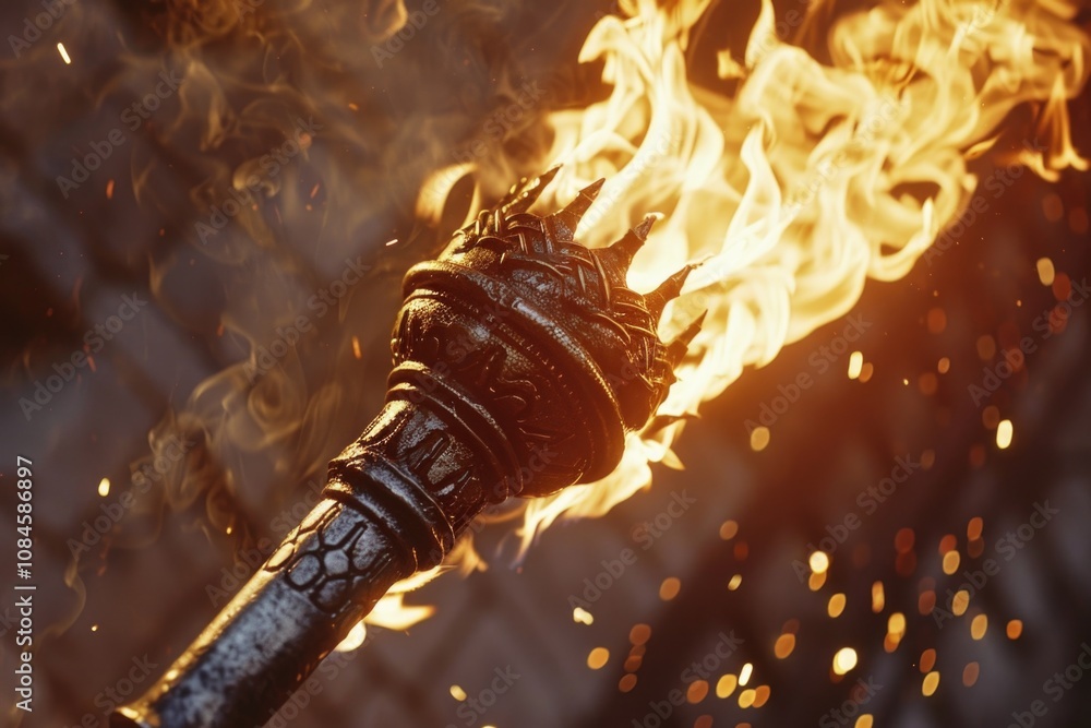 Poster a close-up shot of a torch with flames burning brightly, great for use in scenes where light is need