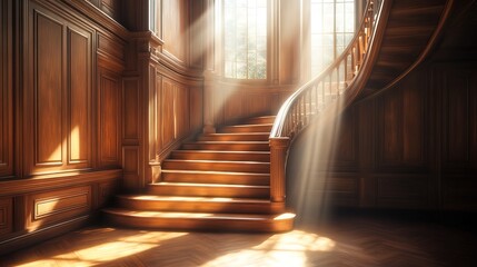 Elegant wooden staircase illuminated by natural sunlight