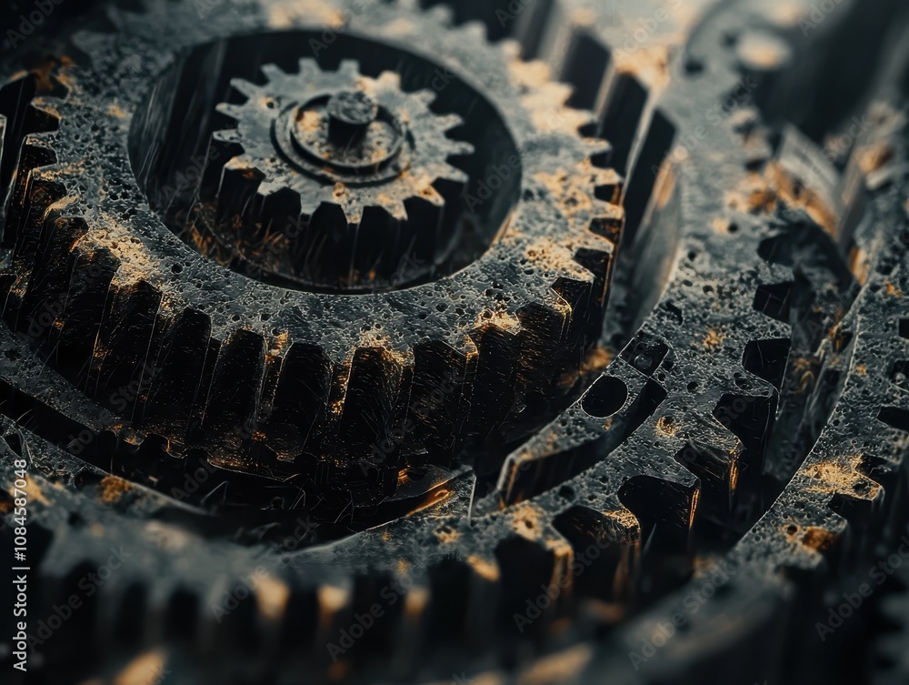 Poster close-up view of intricate metal gears with textured surface conveying industrial complexity and mec