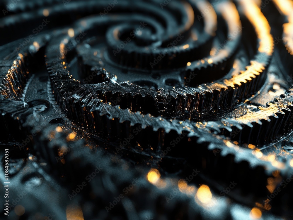 Aufkleber close-up of intricate mechanical gears with shiny textures and curved patterns, highlighting details