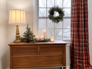 Mid century modern hallway decorated for Christmas with plaid accents, wreaths and Christmas tree. Holiday and festive season interior. Plaid accents interior.
