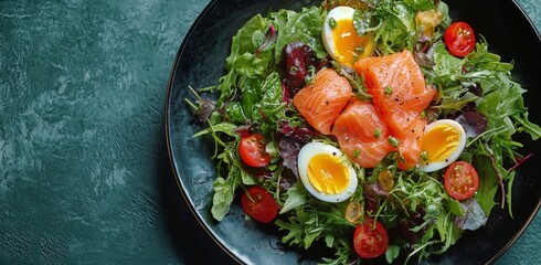 Fresh salad with salmon, eggs, and cherry tomatoes on a green textured surface in natural light