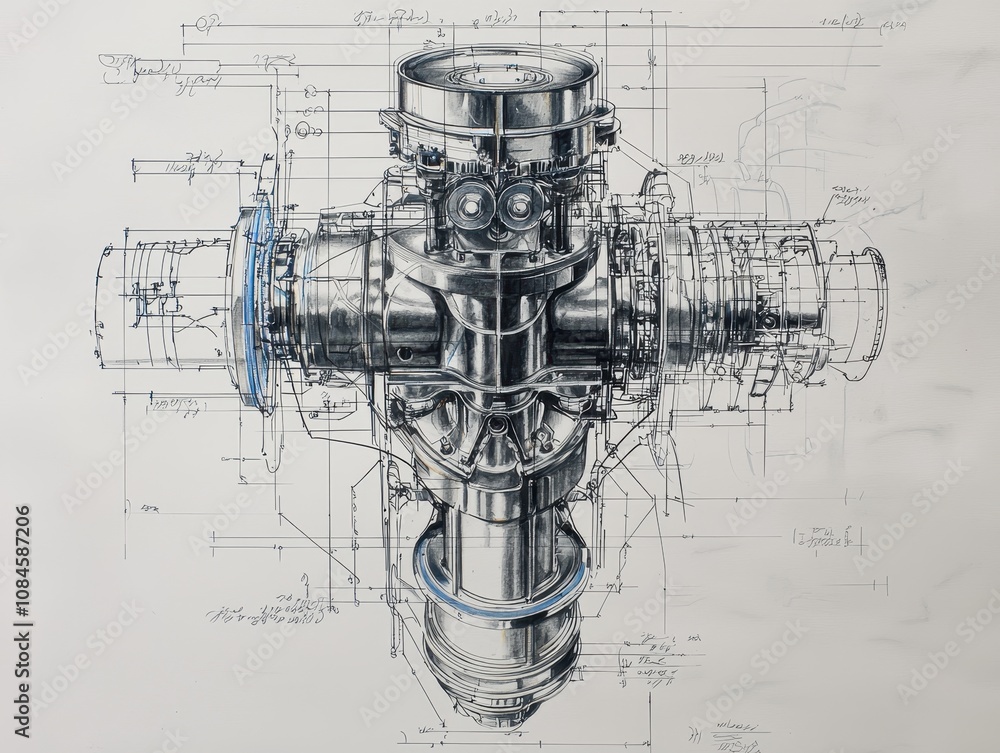 Poster detailed technical illustration of an industrial mechanical component with engineering schematics an