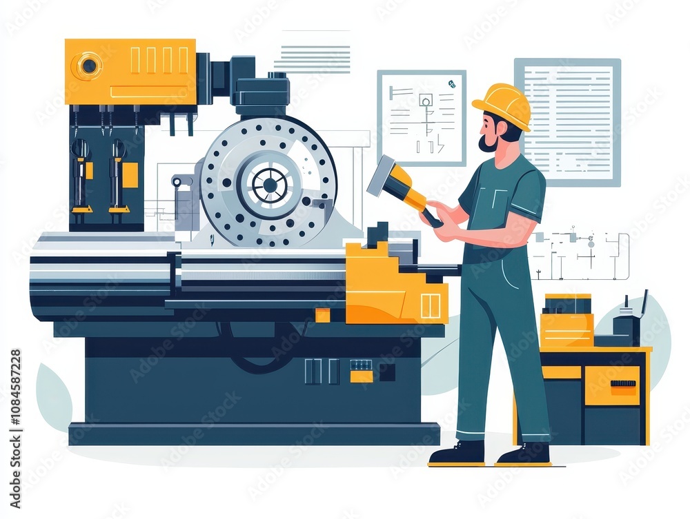 Aufkleber industrial machining process: a skilled worker operates advanced lathe machinery in modern manufactu