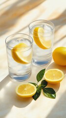 Fototapeta premium Refreshing lemon water served in glasses with fresh lemon slices and green leaves on a sunny table