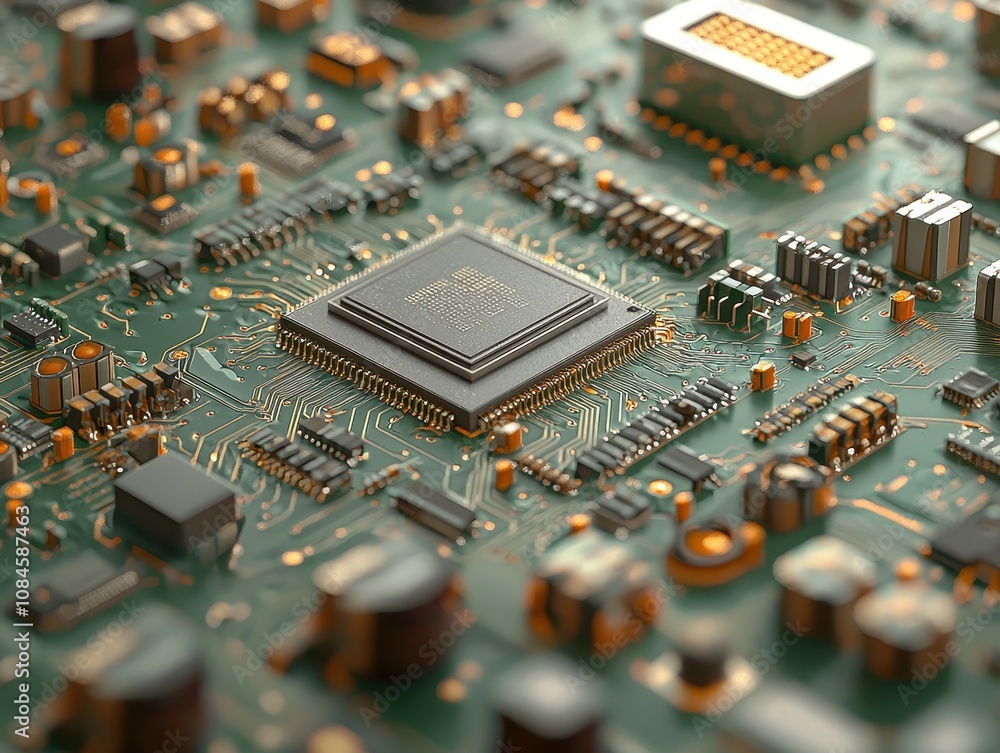 Poster detailed close-up of a modern circuit board with electronic components, microchips, and complex patt