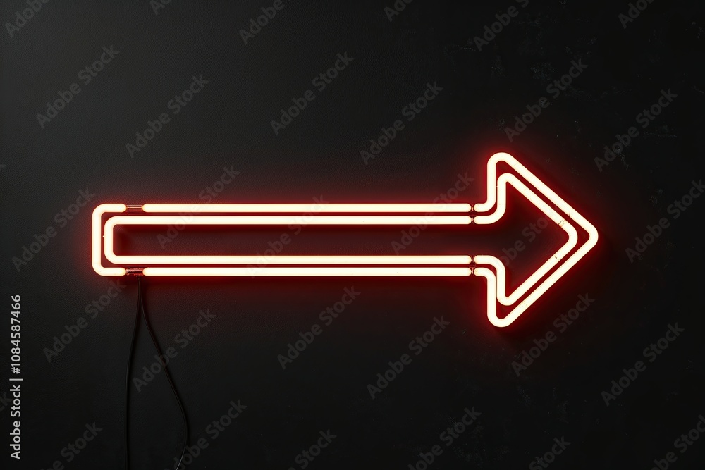 Poster three dimensional neon arrow with glowing light beams pointing right on black background