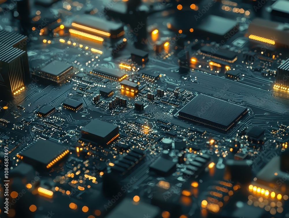 Poster close-up view of a high-tech circuit board with illuminated elements displaying complex microchips a