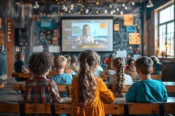A diverse group of children sit at wooden desks, focused on a large screen displaying an educational presentation