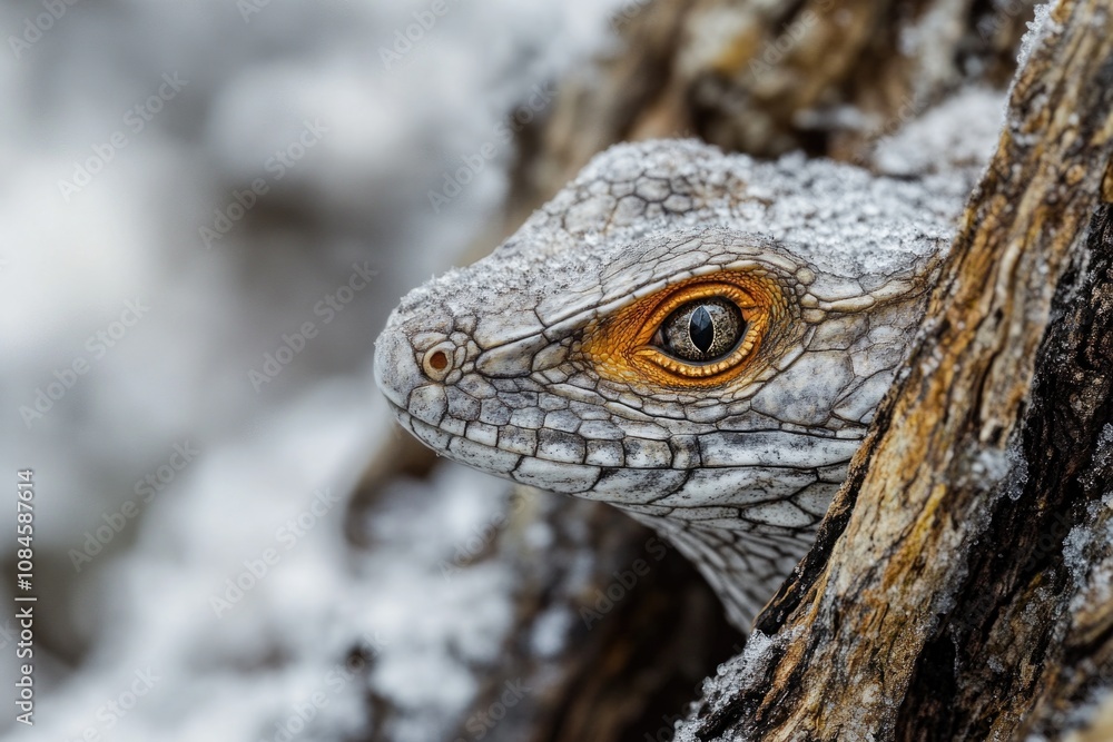 Poster A close-up view of a lizard sitting on a tree, with its scales and texture visible