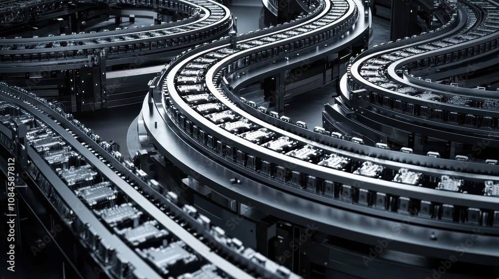 Poster intricate design of modern conveyor belt system in a high-tech manufacturing environment highlightin