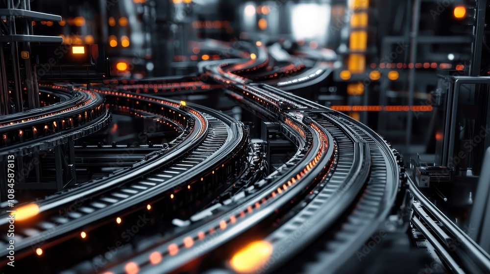 Poster intricate network of dark rails and illuminated pathways in a futuristic transportation system close