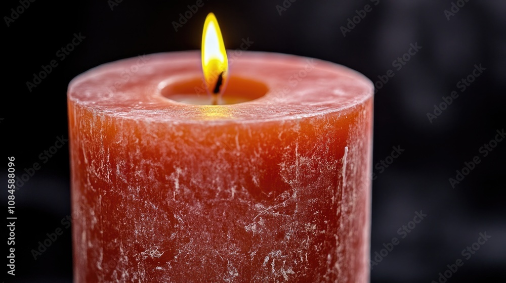 Poster a red candle surrounded by its own wax, featuring a lit flame in the center