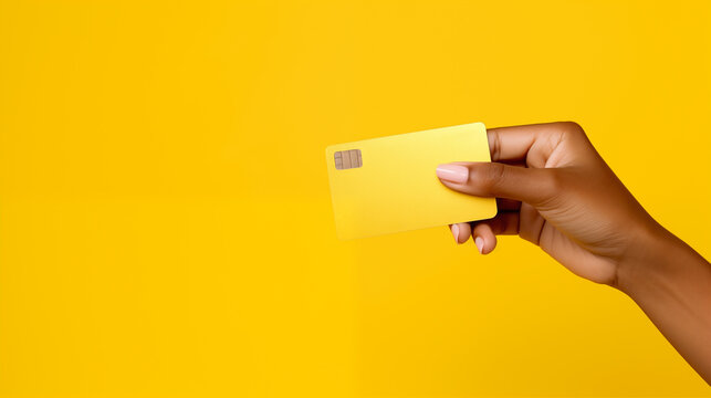 Hand holding a yellow credit card on a vibrant background