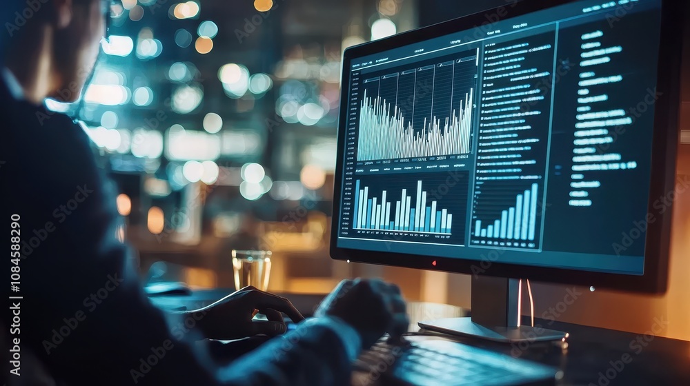 Poster professional analyst analyzing data insights on computer screen in a modern office environment with 