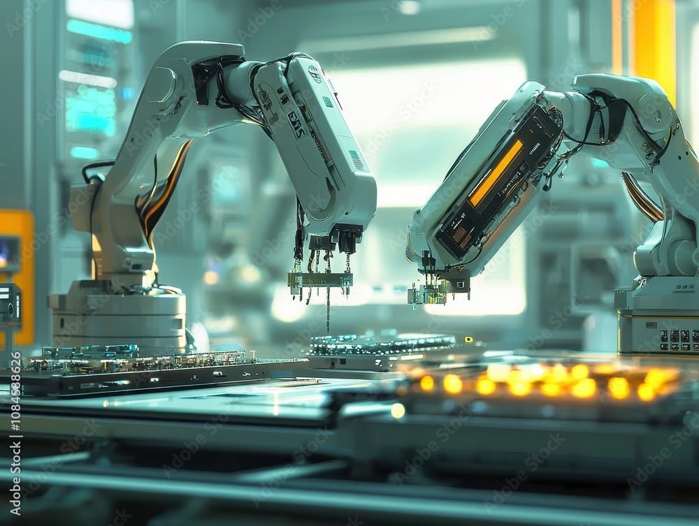 Poster advanced robotic arms assembling circuit boards in a high-tech laboratory environment highlighting i
