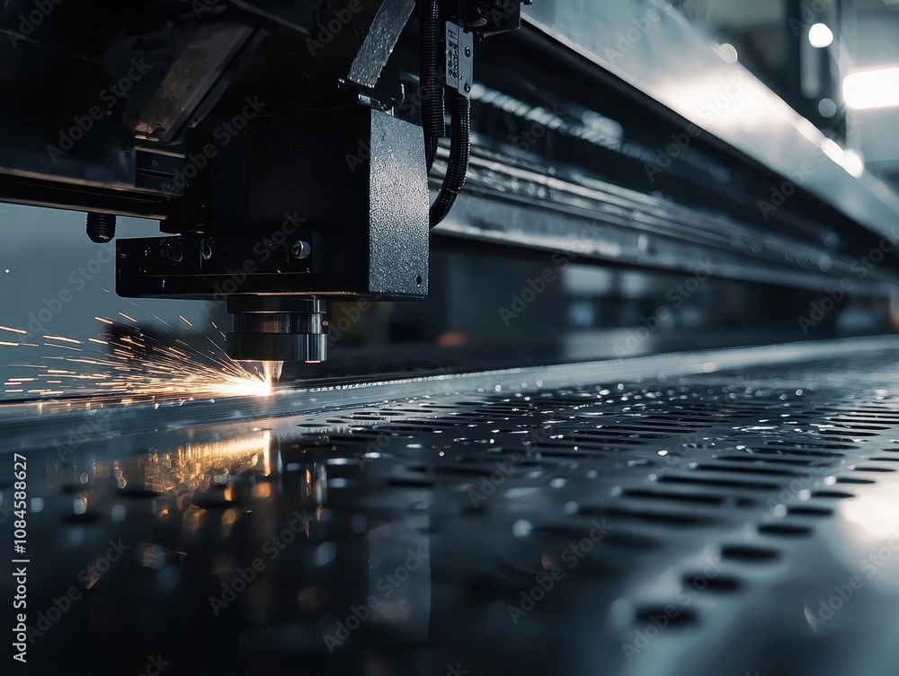 Poster high-precision laser cutting machine in action producing intricate metal designs with sparkles and r