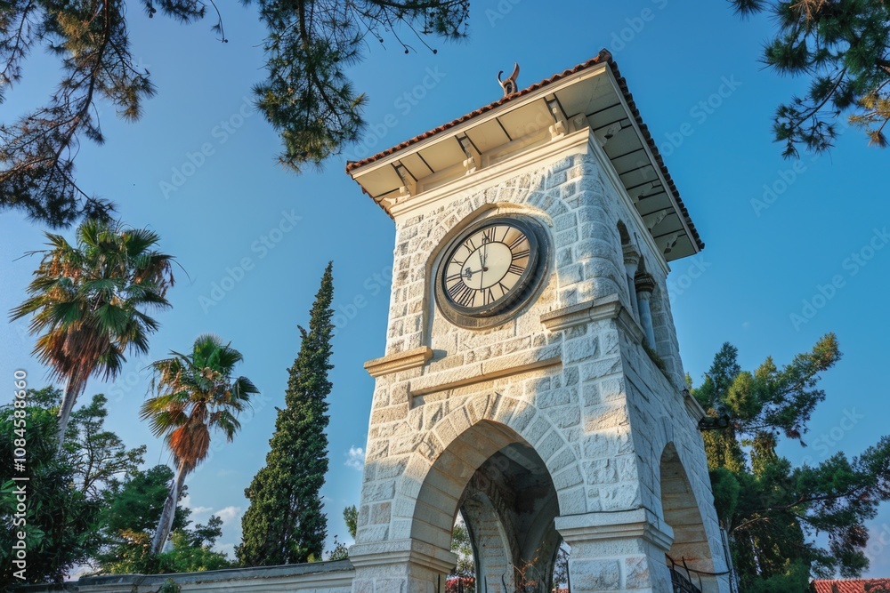Poster A stone clock tower with a clock on its face, great for use in historic or nostalgic settings