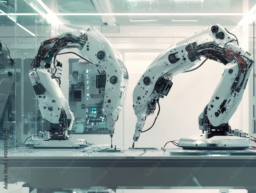 Poster advanced robotic arms engaged in precision manufacturing within a modern tech laboratory setting sho