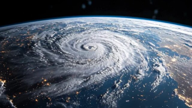 Hurricane eye view from orbiting satellite, powerful tropical storm or cyclone above ocean. Concept of space, weather, typhoon, disaster and warning.