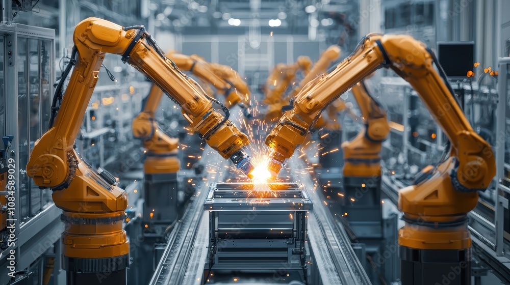 Poster advanced industrial robots performing precision welding in a modern automated factory setting with s