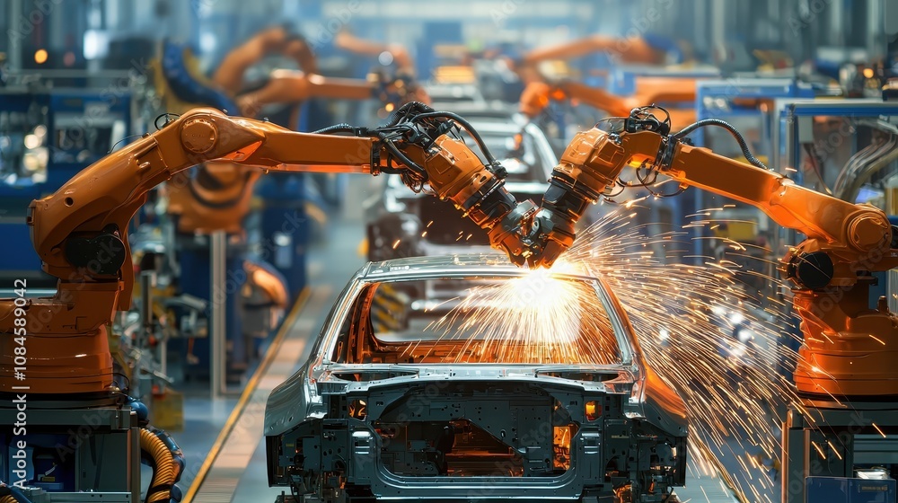 Poster advanced robotic arms performing precision welding on automobile frame in high-tech manufacturing fa