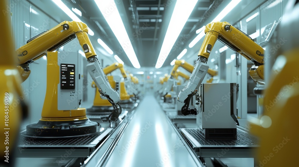 Poster advanced robotic arms working in a high-tech manufacturing facility with sleek design and efficient 