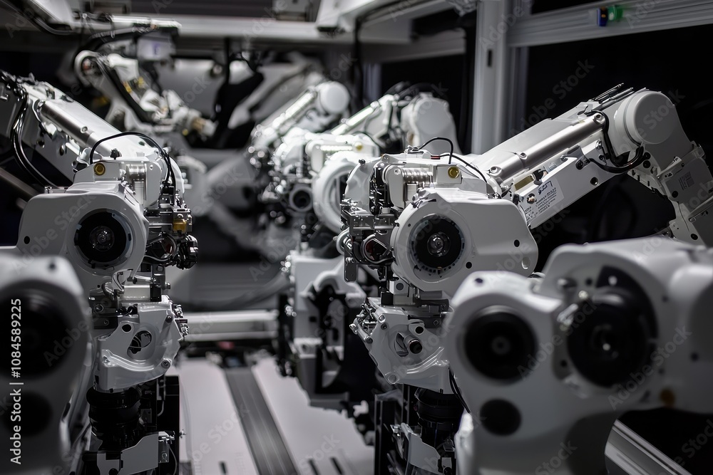 Poster Advanced Robotics: Close-Up View of Robotic Arms in a Modern Industrial Setting with Intricate Details and Precision Engineering for Automation Solutions