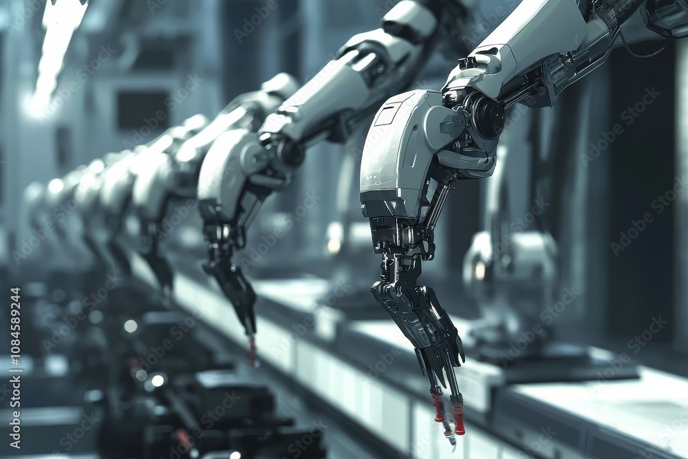 Poster advanced robotic arms performing precision tasks in a modern industrial setting, showcasing cutting-