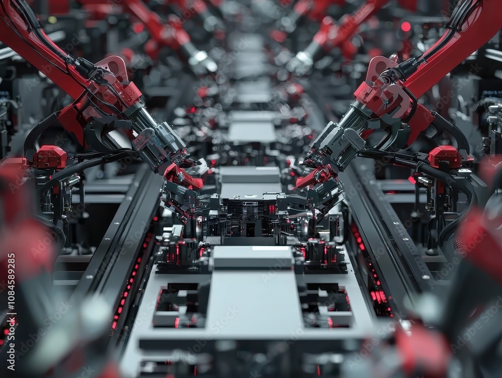 Poster advanced robotic assembly line with precision machinery and automation technology showcasing the fut