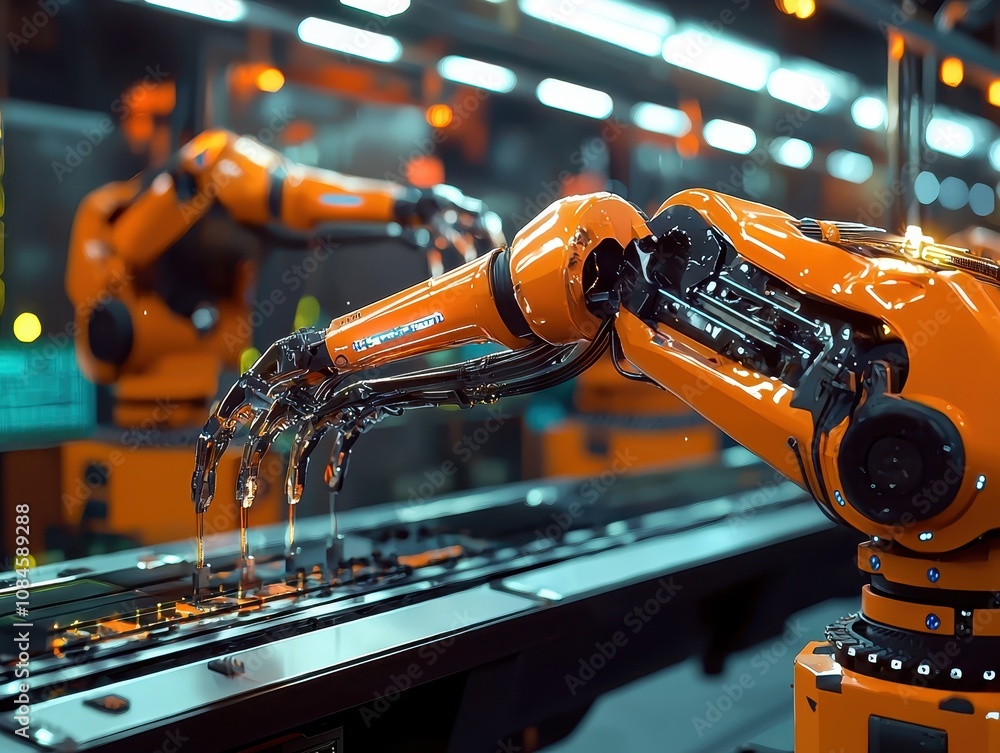 Poster advanced robotic arm in high-tech industrial environment with orange accents highlighting automation