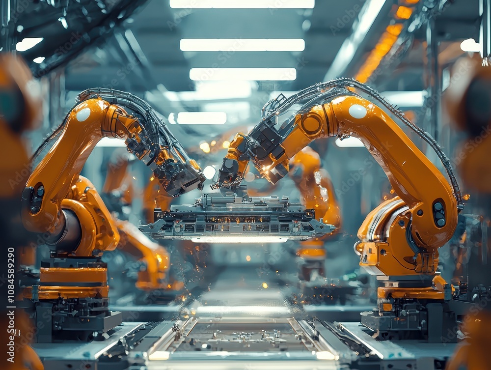 Poster advanced robotic arms in a modern production facility performing precise assembly tasks on electroni