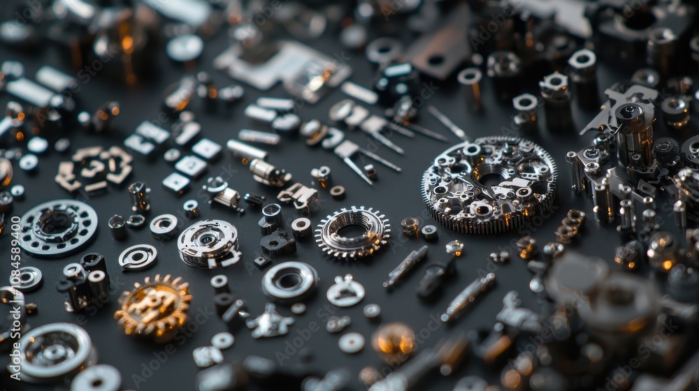 Poster close-up view of assorted clockwork mechanical components and gears on dark background for industry,