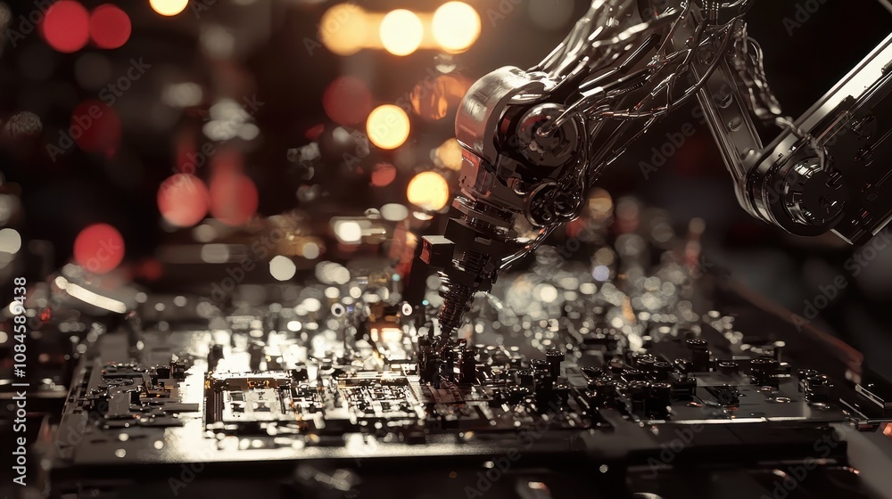 Poster close-up view of robotic arm interacting with circuit board showcasing advanced technology in a futu