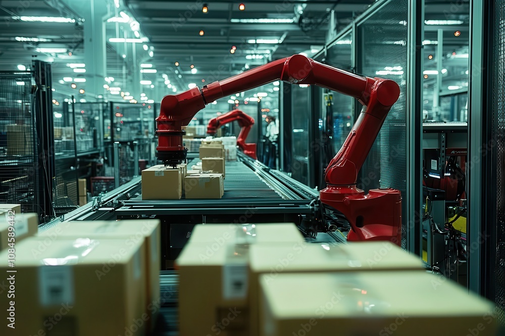 Poster advanced robotic automation in a modern warehouse with red robotic arms sorting and moving packages 