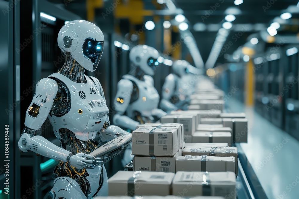 Poster advanced robotics in modern warehouse automation: futuristic robots sorting packages with precision 