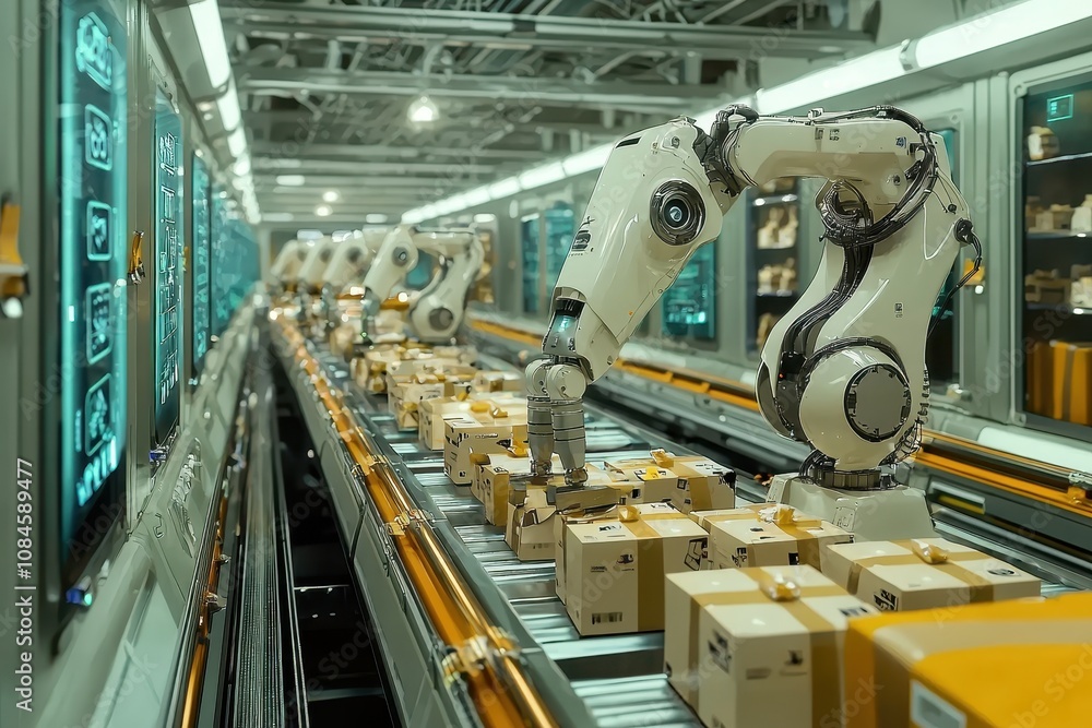 Poster advanced robotics in automated warehouse system featuring robotic arms sorting packages on conveyor 