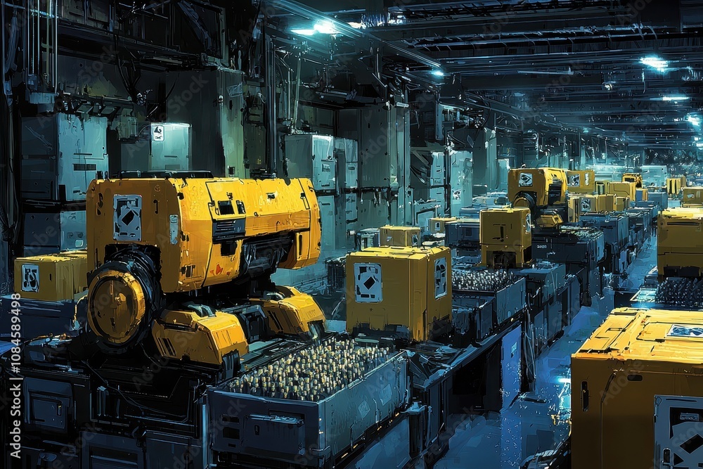 Poster futuristic warehouse scene with automated robots moving cargo in a high-tech environment, showcasing
