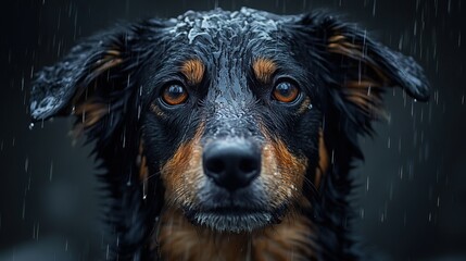 Fototapeta premium Dog Sad Look Under the Rain, Wet Fur