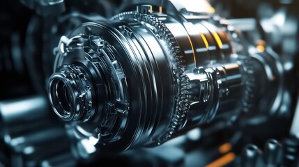 Fototapeta premium Closeup detailed view of powerful automotive engine mechanism with turbo and compressor elements Industrial engineering technology mechanical components and automotive design concept