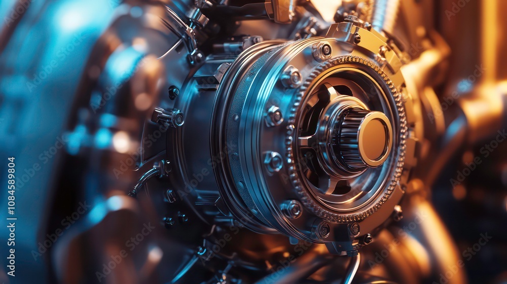 Poster closeup detailed view of powerful automotive engine mechanism with turbo and compressor elements ind