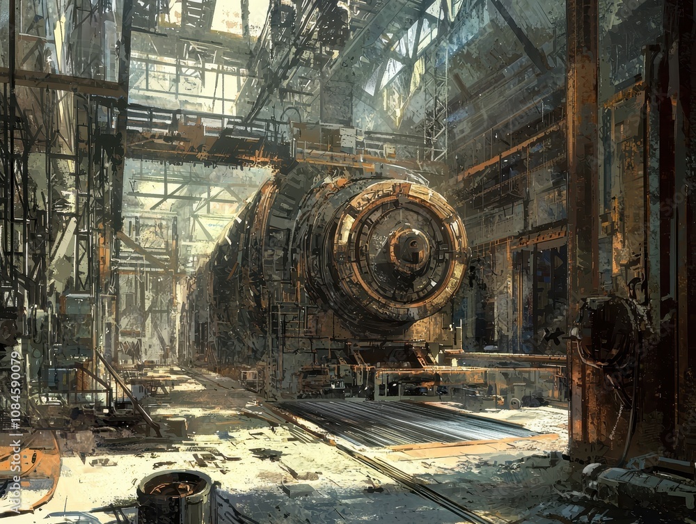 Poster industrial environment with a large mechanical assembly in a warehouse, showcasing advanced technolo