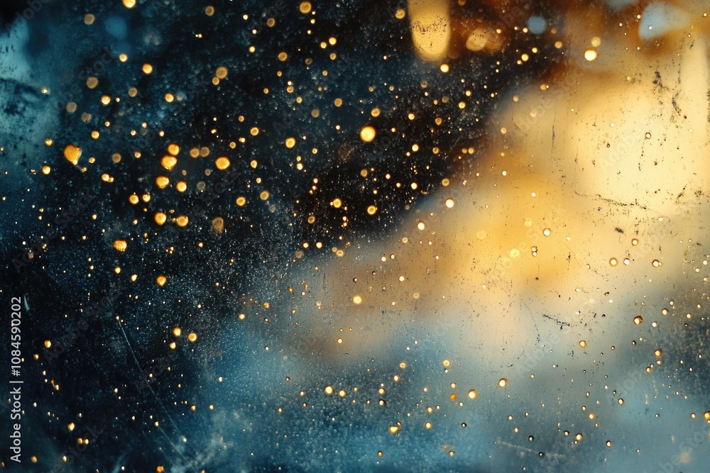 Poster a close-up shot of a rain-covered window with water droplets and reflections