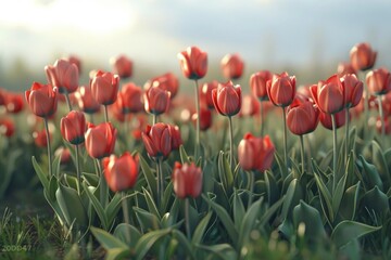 A vibrant field of red tulips basking in warm sunlight, perfect for spring or summer-themed projects