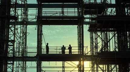 Silhouetted Construction Workers on Scaffolding Against a Sunset Sky, Symbolizing Teamwork and Safety in the Building Industry with a Modern Urban Backdrop
