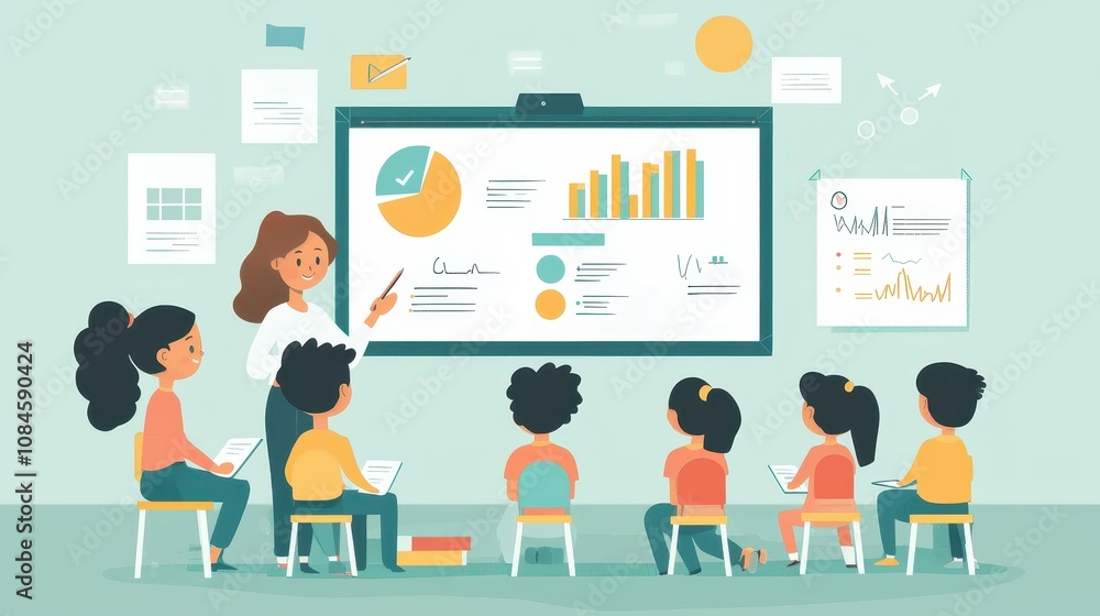 Poster engaging classroom scene with teacher presenting data on smartboard to enthusiastic students in a co