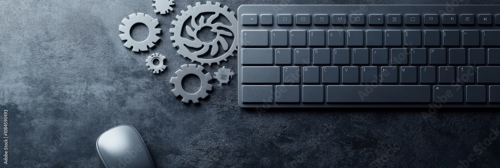Fototapete a stylish keyboard sits next to a computer mouse, with gears layered on top, symbolizing innovative 