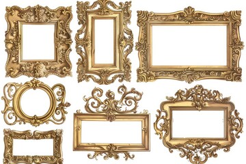 A collection of ornate gold frames on a white background, perfect for decoration or photography